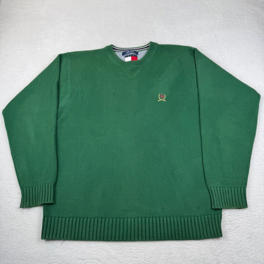 Tommy Hilfiger Sweater Mens Large Green Embroidered Crest Logo Cotton Knit